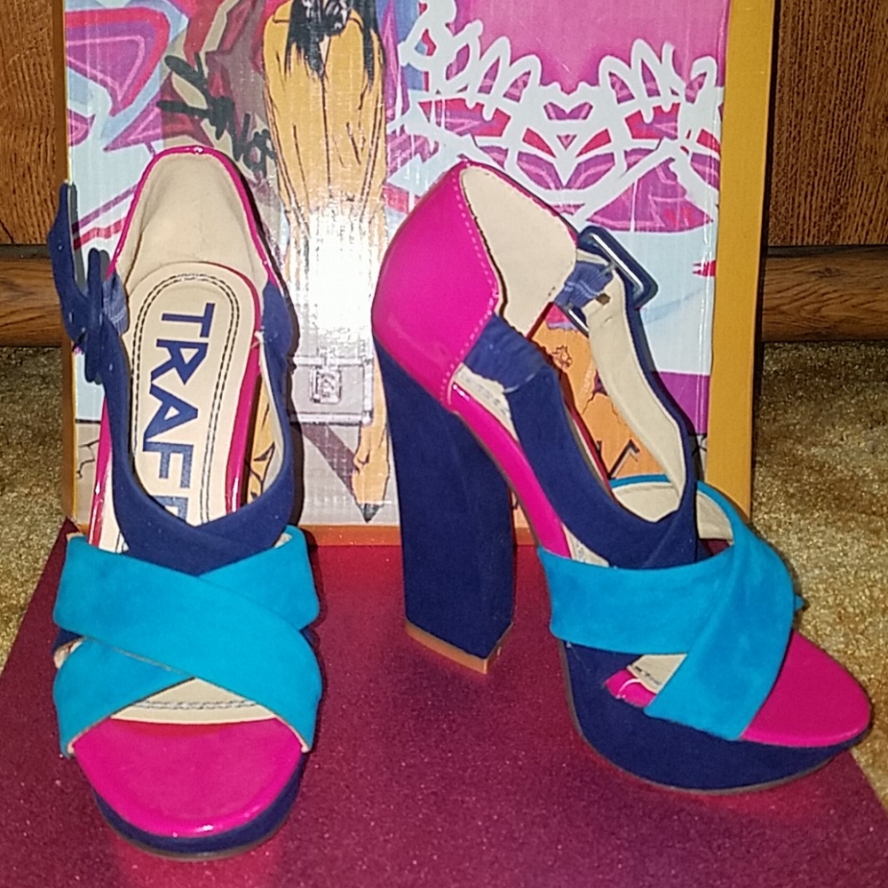 Traffic funky neon blue purple pink platform heels shoes New size 6 groovy suede